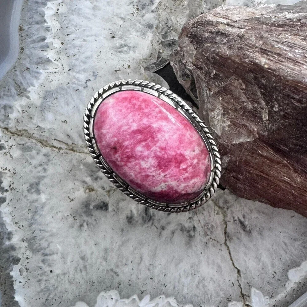 Sterling Silver Southwestern Style Oval Thulite Decorated Ring Sz 9.5 For Women